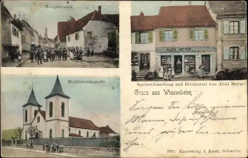 Ak Wintzenheim Winzenheim Elsass Haut Rhin, Hauptstraße, Spezereihandlung Alois Meyer, Kapelle