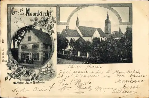 Ak Neunkirch Friesenheim Elsass Bas Rhin, Gasthaus Anton Humbrecht, Kirche