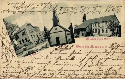 Ak Adamswiller Adamsweiler Elsass Bas Rhin, Wirtschaft Georg Müller, Schulhaus, Kirche