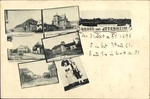 Ak Ittenheim Elsass Bas Rhin, Gasthaus, Schulhaus, Hauptstraße, Apotheke