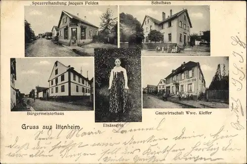 Ak Ittenheim Elsass Bas Rhin, Spezereihandlung Jacques Felder, Schulhaus, Bürgermeisterhaus