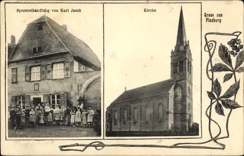 Ak Flexburg Flexbourg Elsass Bas Rhin, Spezereihandlung Karl Jaeck, Kirche