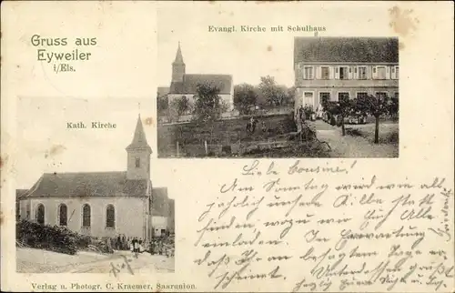 Ak Eywiller Eyweiler Elsass Bas Rhin, Kath. und evang. Kirche, Schulhaus