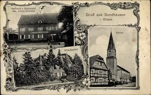 Ak Sundhouse Sundhausen Elsass Bas Rhin, Gasthaus Halbmond, Villa Kastler, Kirche