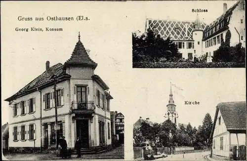 Ak Osthouse Osthausen Elsass Bas Rhin, Eglise, Chateau, Epicerie Georges Klein