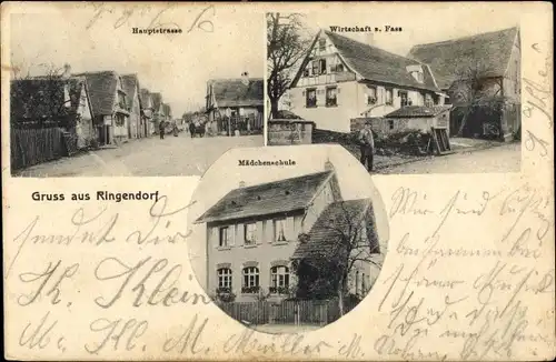 Ak Ringendorf Elsass Bas Rhin, Hauptstraße, Wirtschaft Fass, Mädchenschule