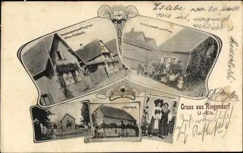 Ak Ringendorf Elsass Bas Rhin, Restaurant zum Pflug, Hofwirtschaft, Kirche, Pfarrhaus