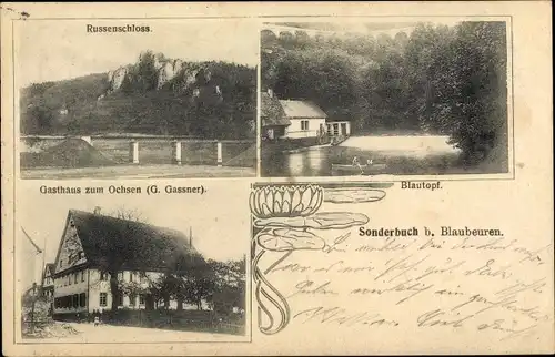 Ak Sonderbuch Blaubeuren in Württemberg, Gasthaus zum Ochsen, Russenschloss, Blautopf