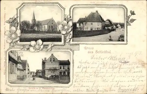 Ak Schleithal Elsass Bas Rhin, Hauptstraße, Schulhaus, Kirche