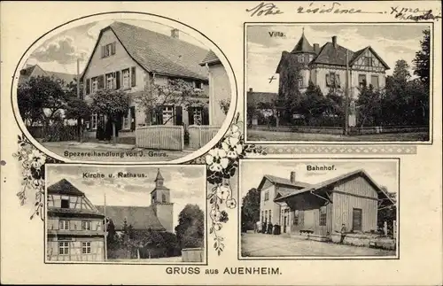 Ak Auenheim Kehl am Rhein, Bahnhof, Villa, Spezereienhandlung, Kirche, Rathaus