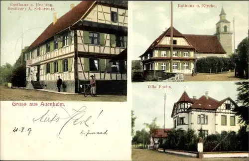 Ak Auenheim Kehl am Rhein, Gasthaus Hechten, Rathaus, Kirche, Villa Fuchs