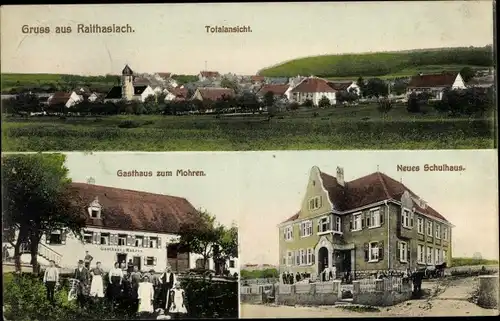 Ak Raithaslach Stockach Baden Württemberg, Gesamtansicht, Gasthaus zum Mohren, Schulhaus