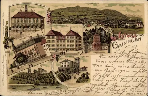 Litho Gailingen am Hochrhein, Panorama, Kriegerdenkmal, Rheinburg, Rheinansicht