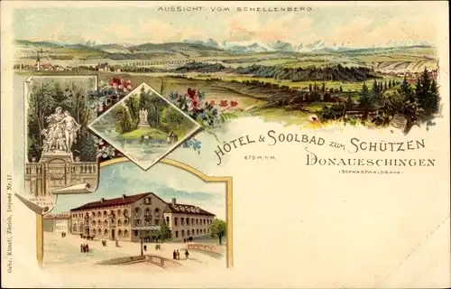 Litho Donaueschingen im Schwarzwald, Aussicht vom Schellenberg, Hotel zum Schützen