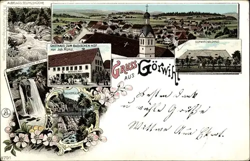 Litho Görwihl Schwarzwald, Gasthaus zum Badischen Hof, Schwarzwaldhaus, Wasserfall, Brücke