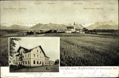 Ak Aufkirchen Berg am Starnberger See Oberbayern, Panorama Karwendel, Wetterstein, Gasthof zur Post