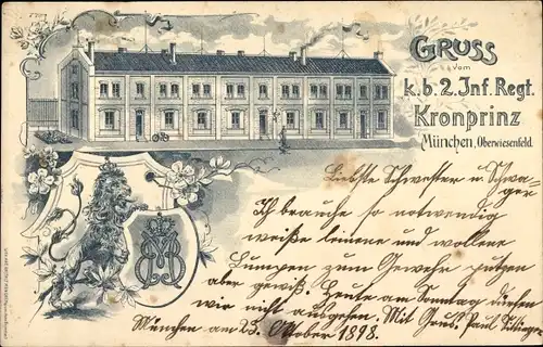 Litho Oberwiesenfeld München Bayern, k. b. 2. Inf. Regt. Kronprinz, Wappen