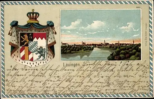 Präge Wappen Passepartout Litho Lauingen an der Donau Schwäbische Alb, Stadtpanorama