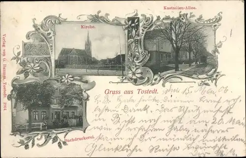 Ak Tostedt in Niedersachsen, Kirche, Kastanienallee, Buchdruckerei