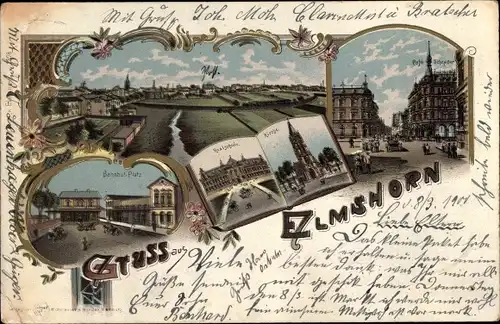 Litho Elmshorn in Holstein, Bahnhofplatz, Realschule, Kirche, Panorama, Cafe