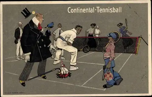 Ak Continental Tennisball, Tennisspiel, Mann mit Blumenstrauß kriegt den Ball ab