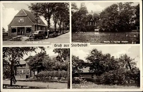 Ak Sterdebüll Bordelum in Nordfriesland, Kaufmann Ernst. Fr. Jensen, Besitz v. Ingwer Nissen, Schule
