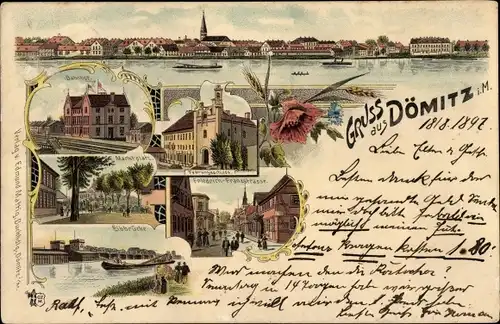 Litho Dömitz an der Elbe Mecklenburg, Bahnhof, Marktplatz, Elbbrücke, Friedrich Franz Straße