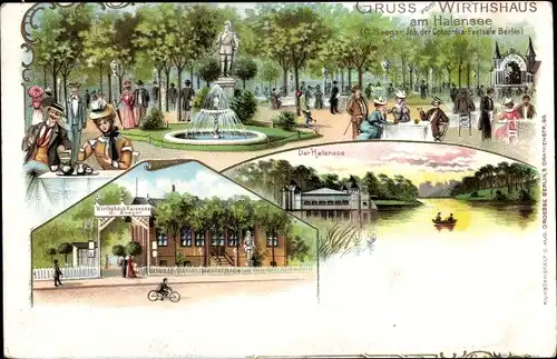 Litho Berlin Wilmersdorf Halensee, Wirtshaus am Halensee, Garten