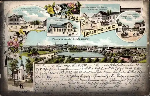 Litho Liebertwolkwitz Leipzig in Sachsen, Bahnhof, Panorama, Grimmasche Straße, Gasthof Drei Linden