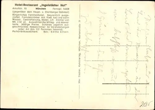 Ak München, Hotel Restaurant Ingolstädter Hof, Arnulfstraße 10