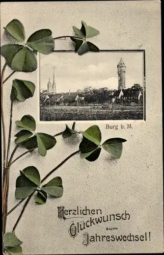 Passepartout Ak Burg bei Magdeburg, Glückwunsch Neujahr, Kleeblätter