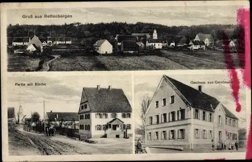 Ak Rettenbergen Gersthofen in Schwaben, Gesamtansicht, Straßenpartie, Kirche, Gasthaus Gerstmaier