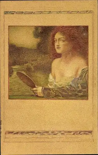 Jugendstil Künstler Ak Frauenbildnis, Busen, Handspiegel