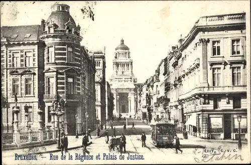 Ak Bruxelles Brüssel, Rue de la Regence, Palais du Justice, Straßenbahn