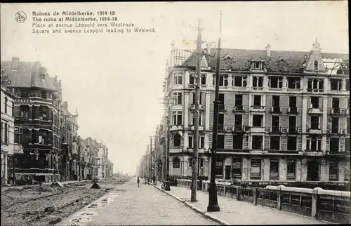 Ak Middelkerke Westflandern, Ruines, Place et avenue Leopold vers Westende, 1914-18