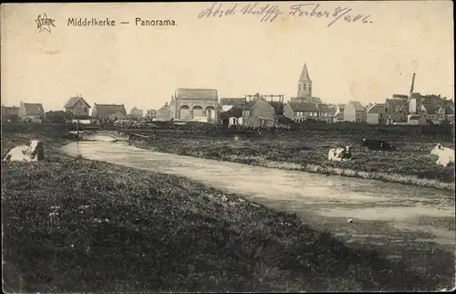 Ak Middelkerke Westflandern, Panorama, Fluss, Kühe