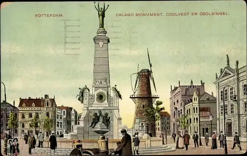Litho Rotterdam Südholland Niederlande, Caland Monument, Coolvest en Coolsingel, Windmühle