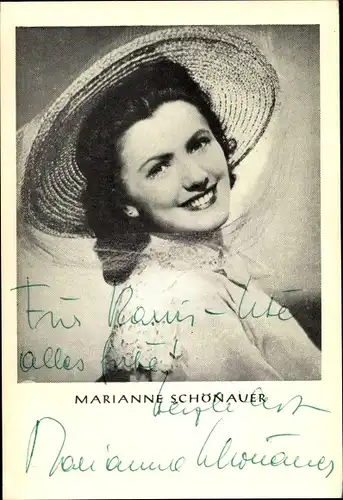 Ak Schauspielerin Marianne Schönauer, Portrait, Autogramm, Hut