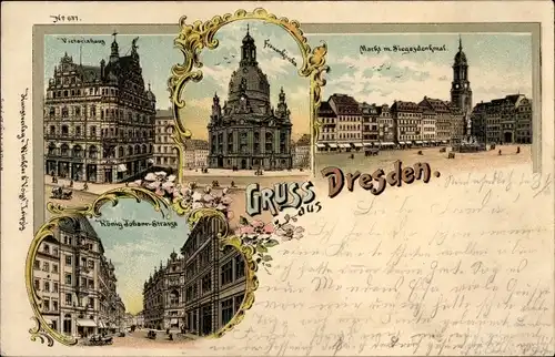 Litho Dresden Altstadt, Victoriahaus, Frauenkirche, Markt, Siegesdenkmal, König Johann Straße