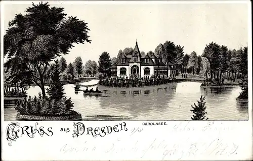 Litho Dresden, Carolasee im Großen Garten, Carolaschlösschen