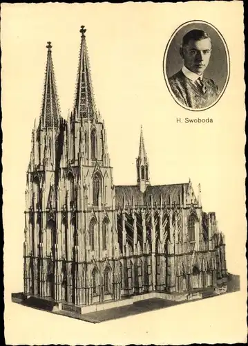 Ak Köln am Rhein, Modell des Kölner Doms aus Streichhölzern, H. Swoboda Portrait