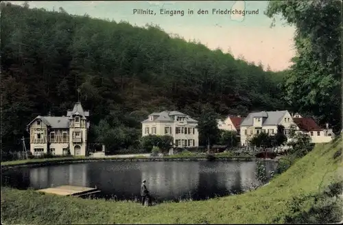 Ak Dresden Pillnitz, Eingang in den Friedrichsgrund, Wohnhäuser, Teich