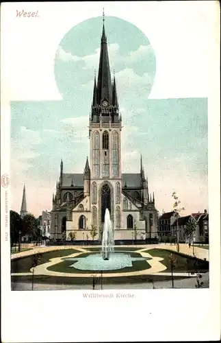 Ak Wesel am Niederrhein, Willibrordi Kirche, Außenansicht, Teich, Fontäne