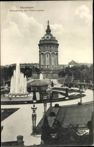 Ak Mannheim in Baden, Wasserturm am Friedrichsplatz, Wasserspiel, Fontäne