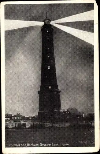 Ak Nordseebad Borkum in Ostfriesland, Großer Leuchtturm bei Nacht