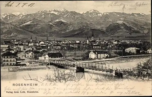 Ak Rosenheim Oberbayern, Berge, Panorama, Kirchturm, Brücke