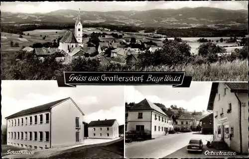 Ak Grattersdorf in Niederbayern, Panorama mit Kirche, Schulhaus, Ortsstraße
