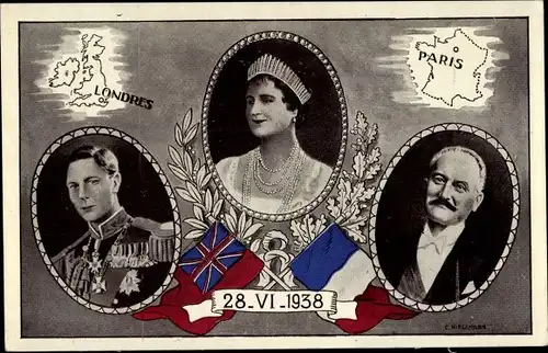 Ak King George VI., Queen Elizabeth Bowes Lyon, Président Albert Lebrun, 28.6.1938, London, Paris