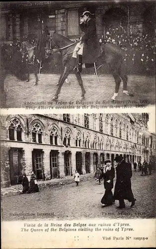 Ak The Queen of the Belgians visiting the ruines of Ypres