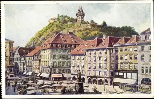 Künstler Ak Graz Steiermark, Hauptplatz, Statue, Schlossberg